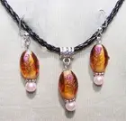AMBER GLASS LAMPWORK NECKLACE & EARRING BLACK CORD pink gold flowers handmade