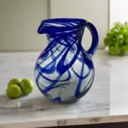 Hand Blown Mexican Glass Pitcher | Blue Swirl Design