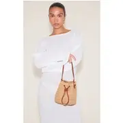 Natural Raffia Mini Drawstring Bucket Beach Bag, Natural