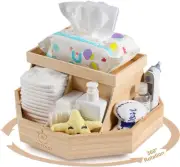 Wooden Diaper Caddy Organizer - 360 Degrees Rotating Caddy with Removable Divide