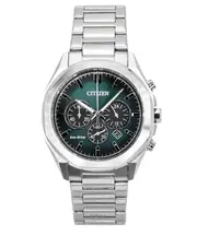 Citizen Eco-Drive CA4590-81X Chronograph Mens Watch Stainless Steel Green Dial 12/24 Display 100M