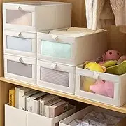 4 Pack Linen Storage Bins, Wardrobe Clothes Organizers, Foldable Storage Baskets, Closet Storage Containers with Clear Window for Organizing Clothes, Jeans, Books