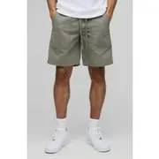 Mens Khaki Elasticated Waist Extended Drawcords Twill Shorts