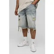 Mens Plus Relaxed Fit Stonewash Raw Hem Distressed Jorts