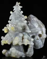 9.7" Agate Geode Carved Crystal Skull and Christmas Tree, Crystal Healing