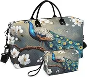 [YXYZRMY] Peacock Branch Daisy Travel Duffel Bag Gym Bag Sports Tote Bag with Multiple Interior Pockets Shoulder Weekender Bag for Women Men with Toiletry Bag 20.5”x 7.9”x 13.8”, Multi-Colored, one size