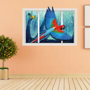 五象設計 假窗戶039 個性創意 彩色鸚鵡 壁貼牆貼 房間裝飾 卡通 儿童房 立体墙贴 牆貼紙 環保壁貼