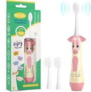 NELL&WELL Kids Electric Toothbrush, 2-Min Timer, 3 Modes with Memory, IPX 7 Waterproof, Battery Powered Kids Toothbrush with 3 Soft Bristles Heads for Children Boys and Girls Ages 3+ - Pink Dog