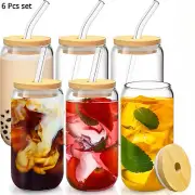 6Pcs Drinking Glasses with Bamboo Lids and Glass Straw 16Oz Glass Cup Can Shaped