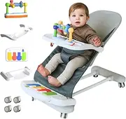 CuddoBaby Baby Bouncer 4-in-1 with Wheels, Detachable Piano, Feeding Tray, Play Bar, Thick Base. 3-Level Incline Portable Seat for Infant to Toddler 0-6, 0-12, 12-24 Months, Upto 29Lbs - Blue