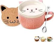 Gifts for Women Her Cute Kawaii Pink Cat Coffee Mugs with Lids,Christmas Birthday Presents for Girls Friend Kids Men Wife Mum Grandma Teacher,Novelty Animal Coffee Ceramic Tea Cup Dessert Saucer Set