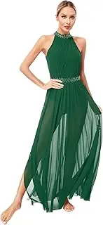 [Sxiwei] Womens Lyrical Dance Costume Sleeveless Keyhole Back Shiny Rhinestones Side Split Mesh Maxi Dress