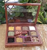Sheesham Wood Wooden Spice Box Set with 9 Containers & Spoon in Spice Box Gift