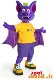 SpotSound Amazon mascot purple, yellow and green bat