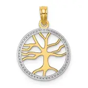 14K Yellow Gold and Rhodium 3-D Tree Of Life In Round Frame Pendant