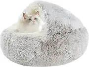 Cat Bed Round Soft Plush Burrowing Cave Hooded Cat Bed Donut for Dogs & Cats, Faux Fur Cuddler Round Comfortable Self Warming pet Bed
