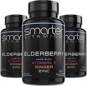 (3 Pack) Smarter Elderberry Capsules + Vitamin C + Ginger & Zinc, Herbal Supplement for Immune Support, Powerful Black Elder Berry Extract Antioxidant Vitamin, 180 Vegan Pills