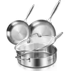 8-10 Inch Tri-ply Stainless Steel Fry Pans and 6 QT Sauté Pan with Lid,Skille...