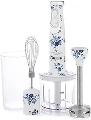 Laura Ashley China Rose 180W Electric Hand Blender. 4-in-1 Immersion Stick Blender with Durable Stainless Steel Blades, Whisk. 2 Speed Modes Blender