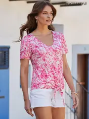 Sosandar Pink Tie Dye Jersey Tie Front T-Shirt (E35897) | $90