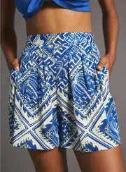 Anthropologie Corey Lynn Calter Shorts Women Everly Blue Motif Preppy Sz XL New