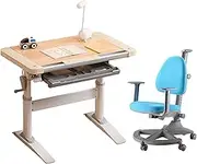 Kids Desk and Chair Set, Height Adjustable Student Study Table for Home and School Ergonomic Homework Desk with Storage Drawer and Tilt Desktop,Blue