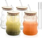 KEMORELA 4 Pcs Ribbed Glass Cups With Straws With Lids Set, Water Glasses Set, 18Oz Vintage Drinking Glassware With Wave Shape Design, Bubble Cups for Iced Coffee, Beverage, Milk, Cocktails