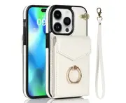 For iPhone 14 Pro Max Wallet Case with RFID Credit Cards Holder and Wrist Strap - White