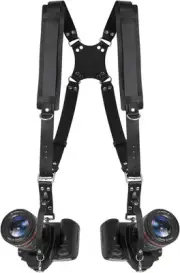 FROMSIJOE Dual Camera Harness,Leather Shoulder Strap for 2 Cameras,Black