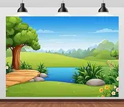 BELECO 7x5ft Fabric Cartoon Mountain Forest Backdrop Green Hills River Pond Grassland Background Cartoon Forest Party Decorations Banner Kids Photoshoot Studio Props