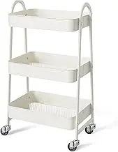 CHONYI 3 Tier Utility Rolling Cart with Caster Wheels, Metal Mobile Storage Shelf with Lockable Caster Wheels, Organization for Livingroom, Bathroom, Kitchen, Narrow Places, White