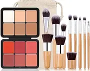 Joyeee Cream Concealer Palette/Blush Palette Kit, 2 In One Blendable Blush Concealer Contour Set with 11 Pcs Complete Makeup Brush and Storage Bag, High Impact Buildable Color for Light Skin