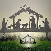 Outdoor Nativity Scene, Metal Nativity Sets Silhouette Yard Sign with Stakes, Iron Art Nativity Scene Christmas Ornament for Lawn Yard Garden Decoration (41x25cm)
