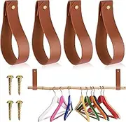 TIESOME Leather Hook Lanyard, 4Pcs Wall Hanging Straps Hanger Towel Hook Curtain Rod Holder for Bathroom Kitchen Bedroom Boho Style Decor(Brown)