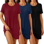 [Riyiper] 3 Pack Women's Soft Nightdress, Short Sleeve Crewneck Nightgowns Casual Plain Sleepshirts Loose Solid Sleep Dress