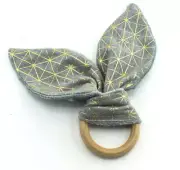 Wooden Teething Ring / Bunny Ears GOLD GRID ON GREY Natural 100% Cotton