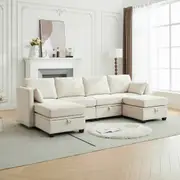 HOMFURN 4 Seater Modular Sectional Sofa with Storage, U Shaped Sectional Couch for Living Room, Convertible Modular Sofa Couch with Ottomans, Beige