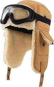 [Peicees] Vintage Aviator Hat And Goggles For Adult Pilot Costume Ski Goggles Winter Fur Trapper Hat With Ear Flap Fleece Lined