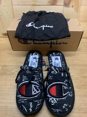 CHAMPION Sleepover Hoodie Doodle Slide Slippers sz 8 Black White CP101587M