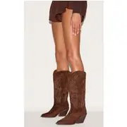 Chocolate Faux Suede Point Toe Calf High Western Boots, Chocolate