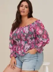 NWT Crinkle Chiffon Smocked Waist Off-Shoulder Crop Top Size 5