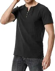 [Aosufei] Men's Notch Neck Cotton Linen Slim T-Shirt Button Solid Color Beach T-Shirt Basic Casual Short Sleeve T-Shirt