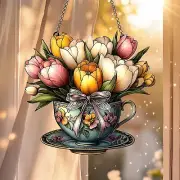 Colorful Tulip Flowers in Cup Acrylic Suncatcher, Garden Decor and Gift for Mom