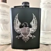 Bald Eagle Flag Black Stainless Steel 8 Oz Hip Flask, With Funnel Laser Engraved
