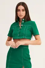 Green Contrast Stitch Button Up Top - Size 14, Women's Denim Jacket