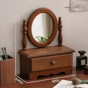 TOOLKISS Round Mirror with Drawer – Orbicular Wooden Tabletop Vanity Mirror, Elegant Design for Bathroom, Bedroom & Vanity – Compact & Functional with Storage