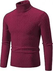 [Qolkmuiy-GJ] Mens Long Sleeve Turtleneck Waffle Textured Knit Sweater