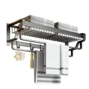 Aluminum Bath Towel Rack Wall Shower Bar with Movable Hooks, Shelf Accessories