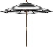2.7m/9ft Wooden Outdoor Patio Umbrella, Black White Striped Garden Umbrella, Table Market Umbrella with Rope Pulley System, for Garden Beach Deck Cafe Sunshade