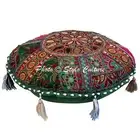 Ethnic Round Floor Cushion Cover Vintage Foot Stool Green 18x18 Cotton Patchwork